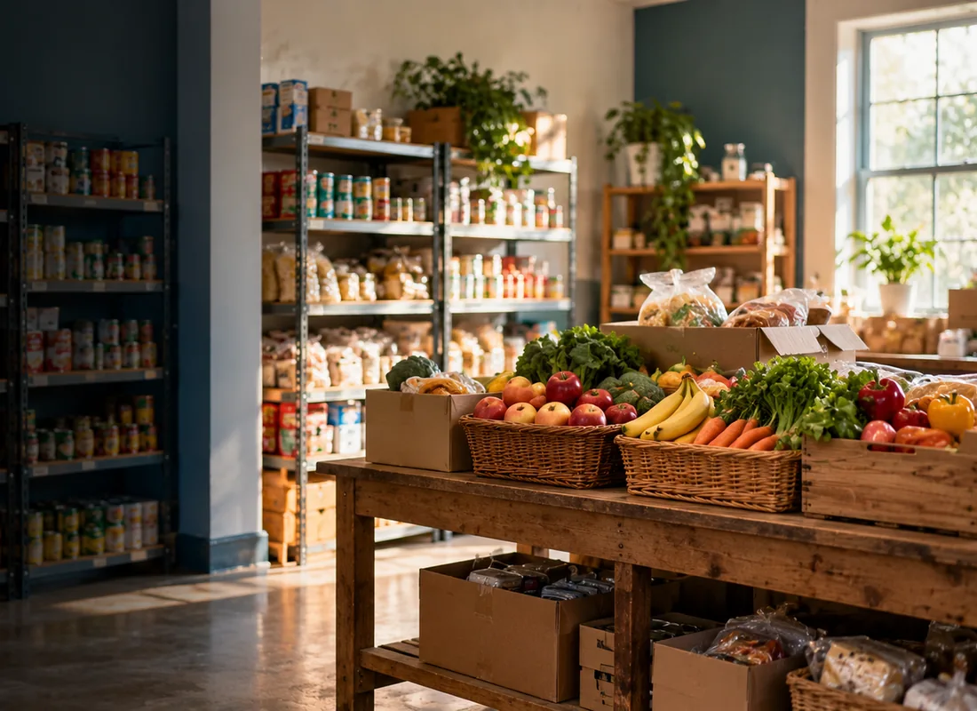 Illustrative community food pantry with fresh food and groceries